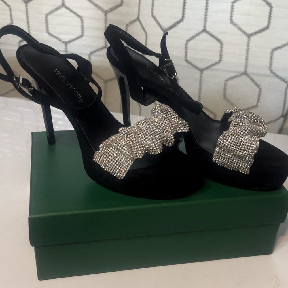 Elegant Black and Silver Stiletto Heels with Crystal Accents